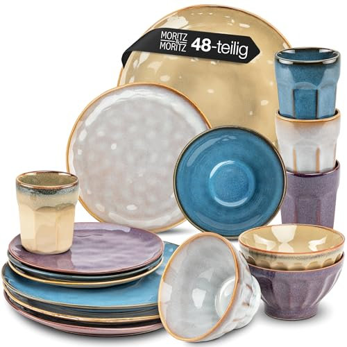 Moritz & Moritz COPA 48-tlg Geschirrset 12 Personen - Elegantes Teller Set aus hochwertigem Steinzeug - Geschirr Set 12 Personen aus je 12x Dinnerteller, Dessertteller, Müslischale & Kaffeebecher