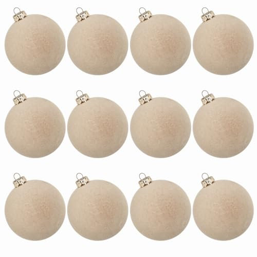 Easnea Samt-Weihnachtskugeln, beflockte Kunststoffkugeln, Weihnachtsbaumschmuck, Beige, 12 Stück