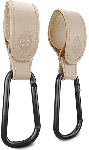 Baby Uma Premium Kinderwagenhaken in Lederoptik (2er-Pack) - Universelles Kinderwagen Zubehör, Karabinerhaken groß & rutschfest, 5 kg Belastbarkeit pro Karabiner (Beige)