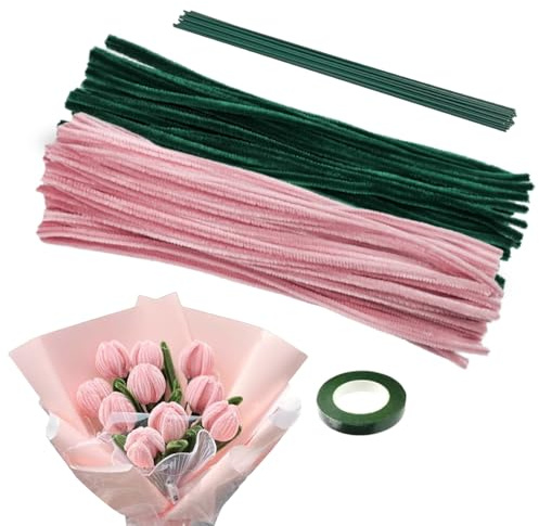 Rosa Tulip Pfeifenreiniger Blumen Set, 200 Stück Pfeifenputzer zum Basteln Blumen, mit Grün Basteldraht, Klebeband für Mama, Frau, Freundinnen, Hochzeit, Geburtstag, Blumenstrauß DIY Dekorationen