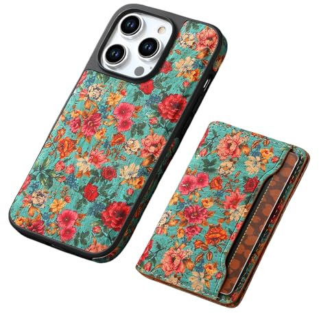 Cork Flower Painting Wallet Case for iPhone 16 Pro Max, 16, 15, 14, 13, 12 Series, Compatible with Magsafe, Cute Girly Magnetic Phone Cover for Women, with Card Holder and Stand (12 Pro,Blue)
