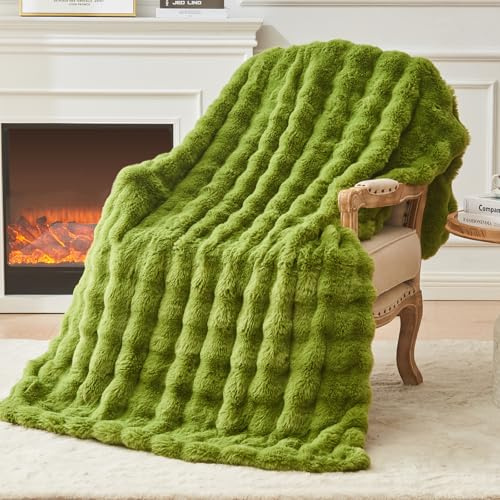 EMME Bubble Decke Kuscheldecke 150 x 200 – Kaninchenfell, Flauschig | Grasgrün Flauschig Felldecke Sofa Bett Cozy Plüsch Faux Wohndecke Warm Weich Kuschelig