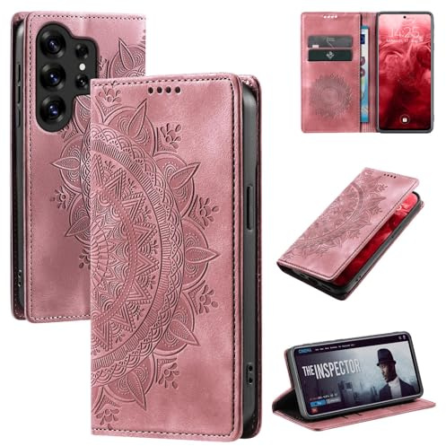 LBH Handyhülle für Samsung Galaxy S25 Ultra Mandala Klapphülle RFID Schutz Kartenfächer Geldfach Design Cover Case Flipcase Rosa