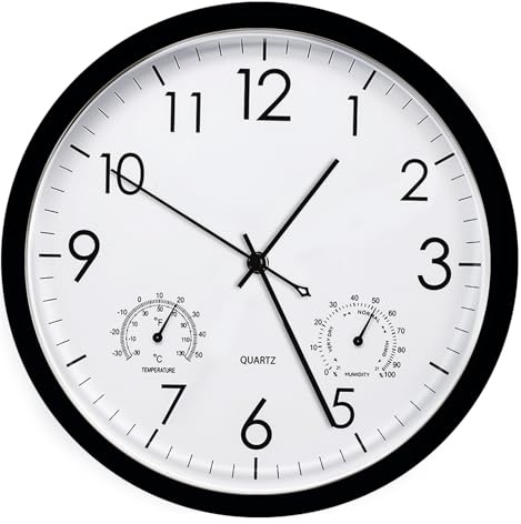 PORFOYO Gartenuhr Wetterfest Wanduhr Ohne Tickgeräusche mit Temperatur und Luftfeuchtigkeit, Wanduhren 30CM, Küchenuhr, Große Wanduhr Modern für Wohnzimmer Küche Zuhause Schlafzimmer Büro(Schwarz)