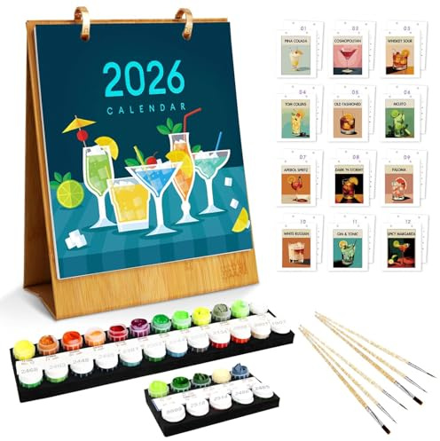 Malen Nach Zahlen Erwachsene, Malen Nach Zahlen Kalender 2026 Paint By Numbers Diy Set Erwachsene, Cocktail Kreativ Set mit Pinseln und Acrylfarben für Home Décor