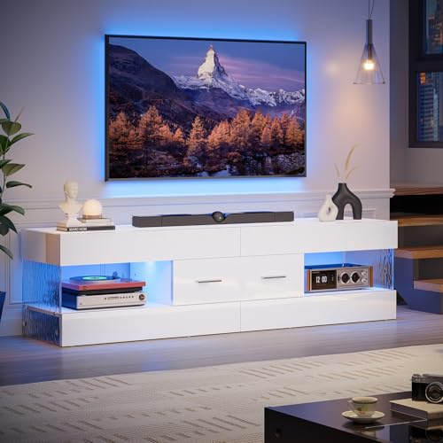 Bestier TV-Schrank für 55/60/65-Zoll-Fernseher, Hochglanz-TV-Möbel mit Seitenwänden in Steinoptik, LED-Entertainment-Center mit großer Schublade, TV-Konsole für Wohnzimmer und Schlafzimmer (Weiß)