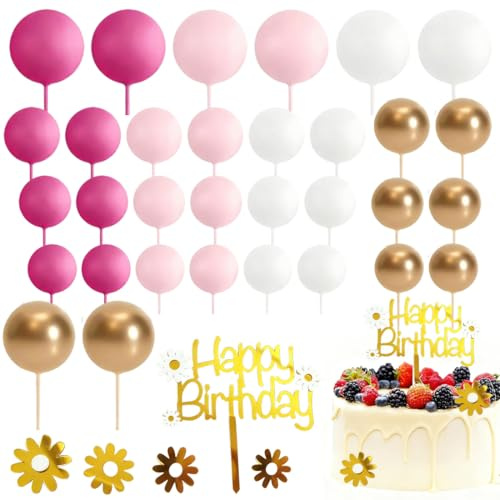 VEOIRXU 3 Pièces Topper de Gâteau Balle Gâteau avec Happy Birthday et 4 Fleur Toppers Balle Gâteau DIY Décoration de Gâteau à Thème Bohème Pour Fête Anniversaire Fête à Thème Bohème (Or+Rose+Blanc)