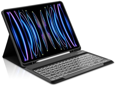 Occtingkind Hülle mit Tastatur für iPad Pro 12.9 Zoll (2018-2022), Deutsche QWERTZ Tastatur mit 7-Farben Beleuchtung, ohne Touchpad – Bluetooth 5.0 Keyboard und integriertem Stifthalter, Tiefblau