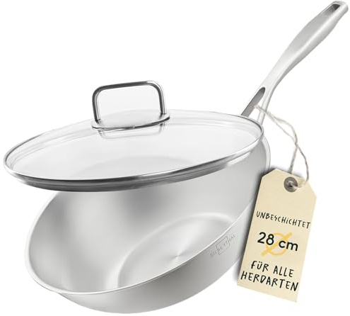 SILBERTHAL Edelstahl Wok Unbeschichtet 28 cm Deckel PFOS & PFOA & PTFE frei | Stainless Steel Pan, 18/10 Edelstahl, backofenfest bis zu 400 °C hitzeresistent, für alle Herdarten inkl. Induktion