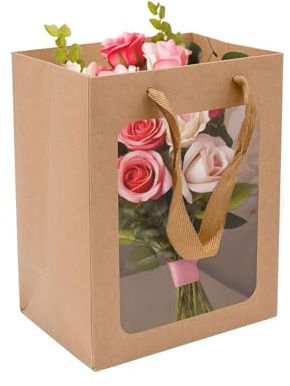 10 Stück Geschenktüten klein mit Fenster, Braun Kraftpapier Geschenkverpackung, Papiertüten mit Fenster für Geburtstag, Hochzeit, Party und Lebensmittellagerung (18×13×25 cm)