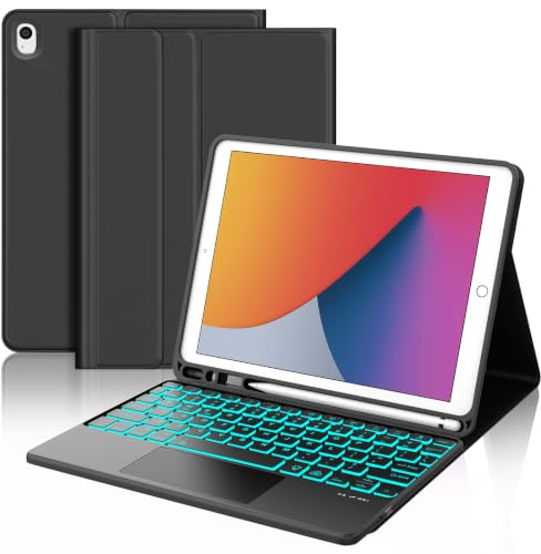 WINCHKING Touchpad Keyboard Case for iPad 9th Generation/8th Gen/7th Gen | 7 Colors Backlit, Bluetooth Keyboard Cover with Pencil Holder for iPad 10.2 9th/8th/7th Gen(2021/2020/2019), UK Layout, Black