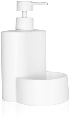 KOOK TIME Dispensador jabon Cocina - jabonera Cocina con Guarda estropajos Fregadero - Apto para Cocina o como dosificador baño con Esponja - Cerámica Mate Color Blanco - 10 x 11.5 x 18 cm.