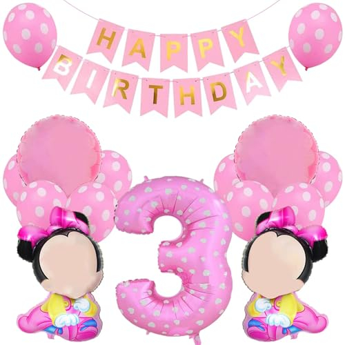 Minnie Ballons Set,Minnie Party Luftballons Set,10 Latexballon+Minnie Folienballon 3 Geburtstag+Birthday Banner+4 Folienballon+Band,Folienballon für Mouse Themenparty.(Rosa), Rosac