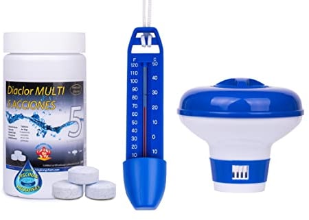 Kit Cloro Piscinas Pequeñas DIACLOR Multi 5 ACCIONES 1 KG (Pastillas 20 GR) SIN Cobre + DOSIFICADOR + TERMÓMETRO