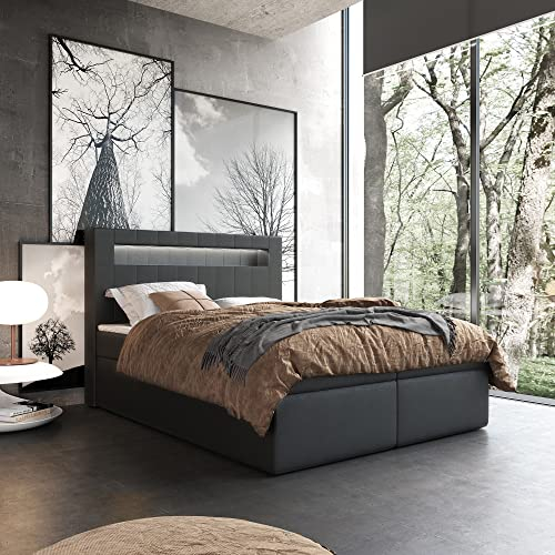 Boxspringbett Doppelbett ROTTWEIL - 140x200cm Bett mit Bonellmatratze, mit Bettkasten für Bettwäsche und Topper. Bett mit Kopfteil. LED-beleuchtete Kopfstütze. (Soft 11, 140x200)