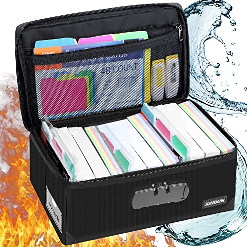 JUNDUN Karteikartenbox mit Schloss, Zusammenklappbarer Feuerfester Karteikartenhalter für 1200 Stück A7 oder 12.7x7.6 cm Notiz-, Geschäfts-, Rezept- oder Flash-Karten-Aufbewahrungsboxen – Schwarz