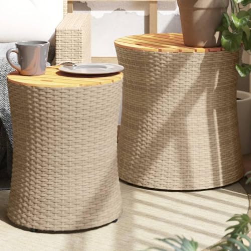 Festnight Garten Beistelltische Rund 2 STK Balkontisch Klein Mit Stauraum Balkontisch mit Holzplatte Gartentisch Platzsparend Gartenbox Outdoor Beistelltisch Balkontisch Rund Beige Poly Rattan
