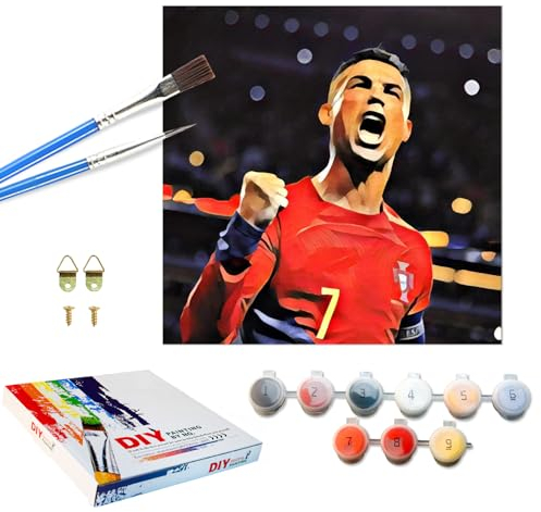 QDUODUO Fussball Malen Nach Zahlen mit Rahmen für Erwachsene Anfänger und Kinder ab 6 Jahre, CR7 Fußball Painting Bastelset mit Leinwand Pinseln Acrylpigment, 20x20cm Klein DIY Gemälde Basteln Kit