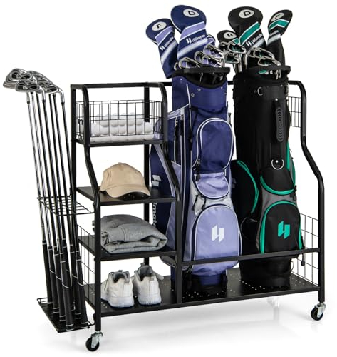 GYMAX Garagen-Organizer, Golf Organizer mit Rollen, Golfschläger-Aufbewahrungsständer für 2 Golftaschen & Golfausrüstung, Golftaschenregal mit Haken & Korb, Golfschläger-Organizer für Garage & Keller