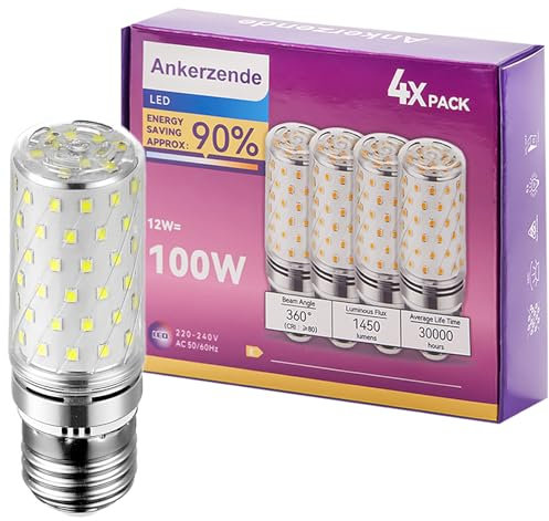 Ankerzende Ampoule LED E27 Blanc Froid 6000K, Ampoules LED Intérieur E27 12W Équivalent 100W 1450LM, Gros Culot à Vis E27 Maïs Lampe à Économie d'Énergie, Non Dimmable, Lot de 4