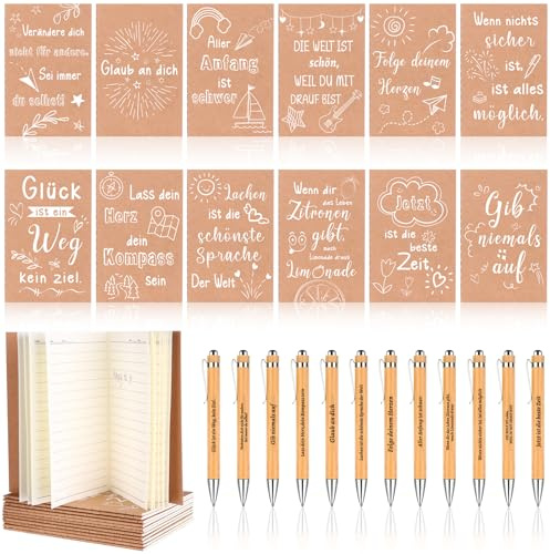 12 Sets Geschenkset für Kollegen Enthalten Inspirierende Holz Kugelschreiber Glücksstift Motivation Danke Mini Tagebuch Notizblöcke Dankeschön Geschenk für Schüler Mitarbeiter Lehrer Büro Geburtstag
