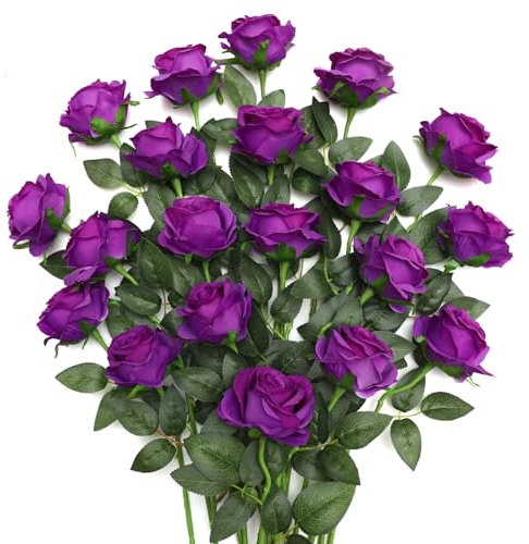 JUSTOYOU 20 PCS Lila Rose künstliche Blume, Seide blühende Rose mit Stiel, künstliche Rose Bouquet Realistische Blume für Home Table Office Party Hochzeit Garten Arrangements (Blütenrosen lila)