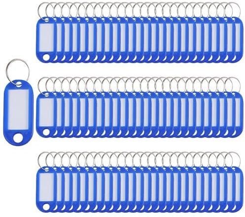 Lot de 100 porte-clés en plastique avec étiquettes d'identification pour bagages (bleu)