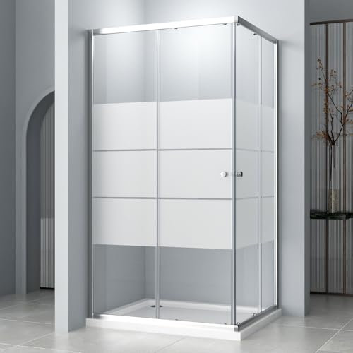 Hopibath Duschkabine 80x100cm Duschkabine Schiebetür, Milchglas Eckeinstieg Duschkabine Duschabtrennung 6mm ESG Milchglas Streifen Duschwand Höhe 185cm(Ohne Duschwanne)