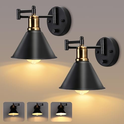 Glowlit Wall Lights for Living Room Bedroom, Swing Arm Wall Light with Switch Dimmable Black Wall Lights Industrial, 180°& 270° Flexible Rotating, 3000K Metal Wall Sconce Set of 2, (Not Bulb)