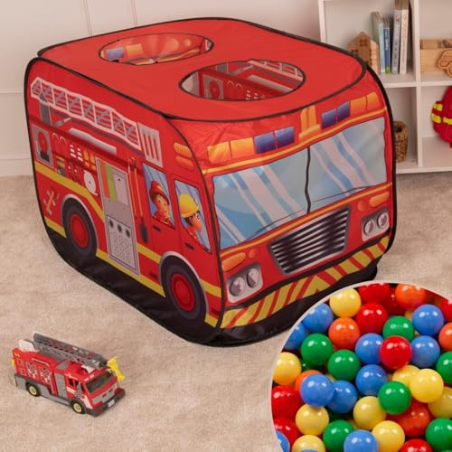 Selonis Feuerwehrauto-Zelt Kinder Spielhaus 100 Bälle Faltzelt Pop Up Zelt Kinderzelt Indoor Outdoor Faltbar Spielhöhle Geschenk Für Jungen Mädchen