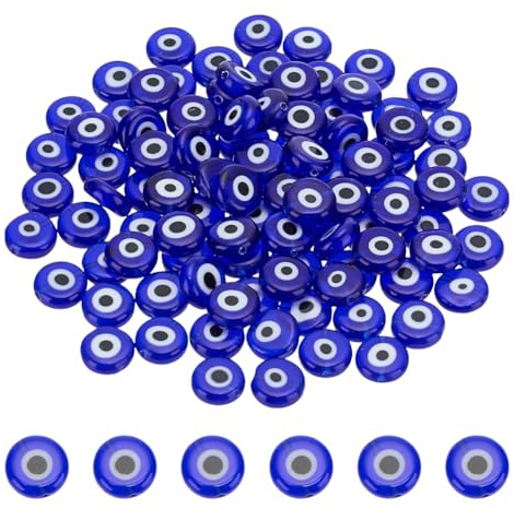 CRAFTYMELODY 100 Stück Evil Eye Lampwork Perlen Handgefertigt Flach Rund Abstandsperlen 9.5mm Blau Evil Eye Charms Türkische Augenperle Zur Schmuckherstellung