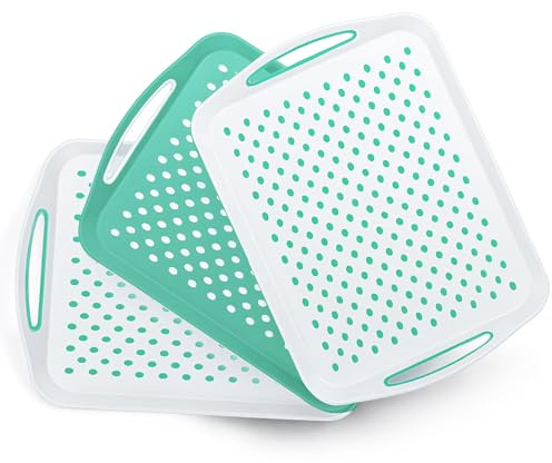 Essen 3-Pack Serving Tray Set – Non-Slip Lap Boards with Grip Handles, Ideal for Food Prep, Tea, Breakfast in Bed – Plastic Tray for Stable Dining – Dishwasher Safe (Green/White)