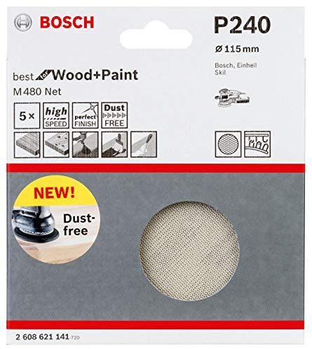 Bosch Professional Set of 5 Sanding Sheets M480 Best for Wood and Paint (Wood and Paint, Ø 115 mm, grit G240, Accessories for Random Orbit Sander)