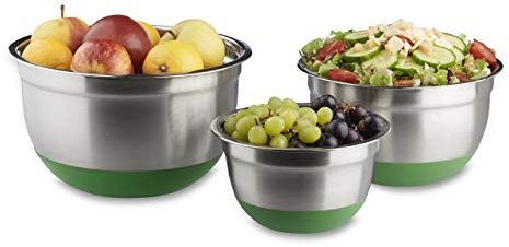 Relaxdays Bol mélangeur lot de 3 saladiers de différentes tailles en inox fond antidérapant en silicone, vert