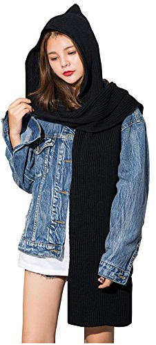 Damen Winter 3-in-1 Kapuzenmütze, Schal, Wickeltuch, Strickpullover, Halswärmer, Schwarz, 120cm x 22cm