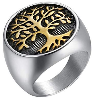 OAKKY Unique Bague Arbre Vie Chevalière Or Argent Ton Bande Promettre Déclaration Classique Gothique Homme Acier Inoxydable Taille 70
