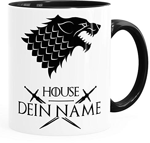 Moonworks® Kaffee-Tasse personalisierbar Adelshäuser Wappen Aufschrift eigener Name Geschenk Fan Fantasy Wolf Inner-Schwarz Keramik-Tasse