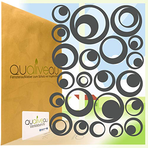 Qualiveau® 22 Retro Kreise Aufkleber zum Schutz vor Vogelschlag | Komplett – Set mit Verklebehilfe | Farbe: Dunkelgrau