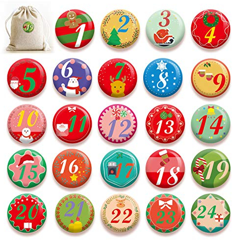 HOWAF 24 Adventskalender Buttons zum Weihnachten Geschenktüten Box Dekoration, 1 bis 24 Zahlen Buttons Adventskalender Abzeichen mit Anstecknadel für DIY Basteln Adventskalender Zubehör