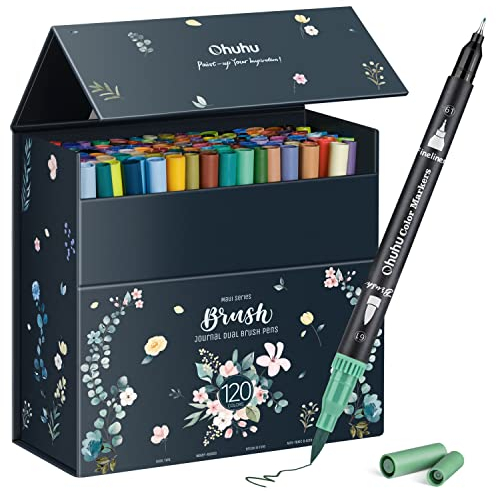 Ohuhu Feutre Coloriage Adulte, 120 Couleurs Aquarelle Stylos Feutres Double Pointe Fine et Pinceau pour Calligraphie Mandala Dessin Colorant, Maui – Boîte Noire