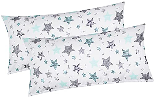 Baumwoll Renforcé Kissenbezug - 2er Set in 40x80cm - Sterne mit Kreisen und Punkten - Weiß - Kopfkissen-Bezug, Kissenhülle, Dekokissenbezug aus 100% Baumwolle (KY-560/1-40x80)