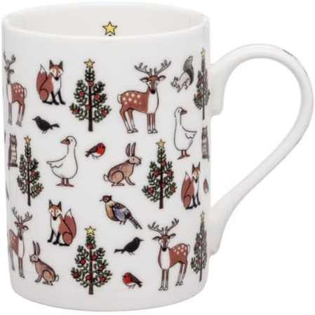 Alison Gardiner Christmas Wildlife Mug Fine Bone China Winter Wildlife Design - British Animals Christmas Trees - Hand Decorated England - Dishwasher Microwave Safe - 320ml Holiday Coffee Mug