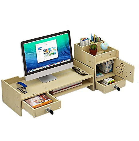 Nackenschmerzen Lindern Schreibtisch Organizer Monitor Stand Riser Mit Organizer Schublade,Für Computer Laptop Drucker,Ergonomischem Monitorständer-Beige 66x23x22cm(26x9x9inch)