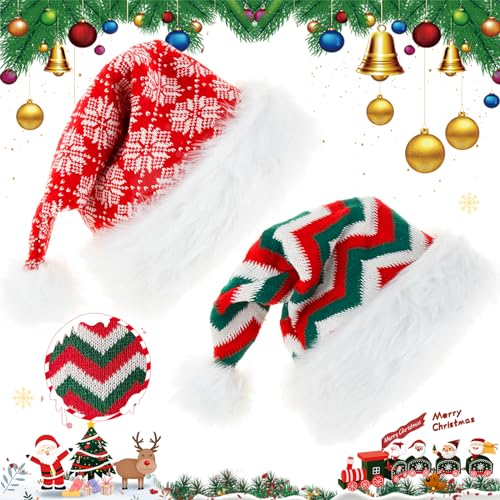 dcas 2 Stück Weihnachtsmann Mütze Rot, Fellrand Weihnachtsmann Mütze Für Herren/Damen, Weihnachtsmützen Plüsch, Weihnachtszubehör Mütze, Für Weihnachtsfeier, Neujahr(Rote Schneeflocken,Grüne Streifen)