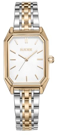BURKER Damenuhr Isabell, Rechteckiger Damen Armbanduhr Gliederarmband Edelstahl Analog Quarz 3-ATM Wasserdicht - 28 mm - Gold Silber