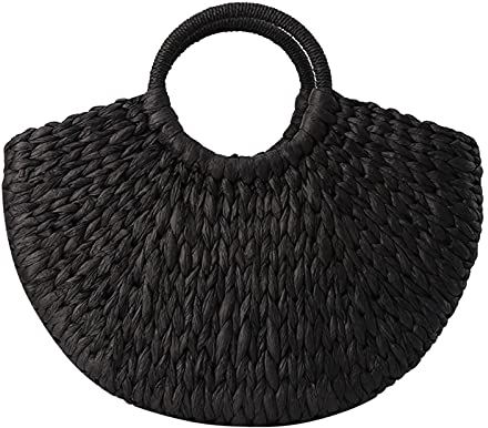 ClearloveWL Damen Strandtasche Stroh, Handgemachte halbrunde Rattan gewebt Strohbeutel Sommer Frauen Messenger Crossbody Taschen Mädchen Kleiner Strand Handtasche 2020 (Color : Schwarz)