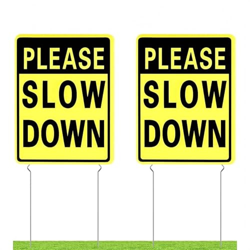 Kichwit 2 Stück doppelseitiges Schild mit Aufschrift Please Slow Down, Kunststoffschilder mit Metallpfähle, Schildmaße: 30 x 39 cm