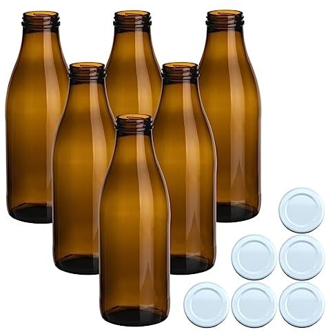 gouveo 6er Set Saftflasche 1000 ml Antik mit Schraubdeckel Weiss - Braune Glasflasche 1 Liter mit TO48 Verschluss - Leere Flasche zum Befüllen (SFA1000W)