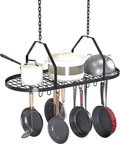Supfirm Estante de techo para ollas y sartenes, organizador de ollas de cocina, organizador multiusos para el hogar, restaurante y utensilios de cocina con 20 ganchos extraíbles (negro)
