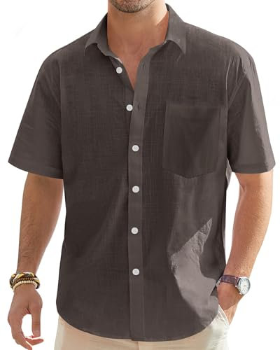 J.VER Mens Shirts Short Sleeve Linen Shirt Summer Casual Button Down Regular Fit Lightweight Cotton Holiiday Beach Tops with Pocket Coffee M